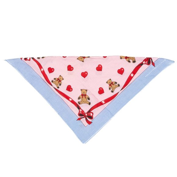 Vintage 80's Cotton Bandana Scarf | Hearts, Ribbon, Teddy Bears Pink Red + Blue - Picture 2 of 5